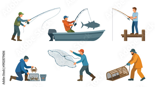 Fishermen engaging in diverse fishing activities: rod fishing from boat/shore, casting nets, and harvesting seafood with traps. Flat vector set.