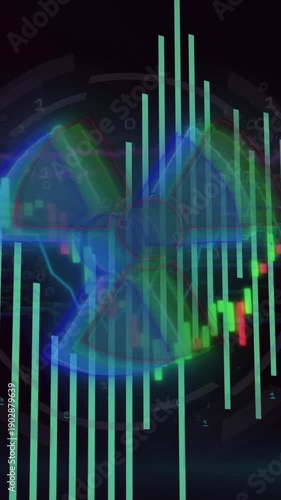 Vertical video: Price spiking candles moving right cyan bars growing fan pulsing showing trend