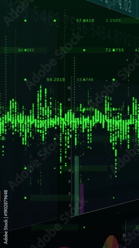 Vertical video: Camera pan starting data wall wave pulsing bars rising labels updating for trends