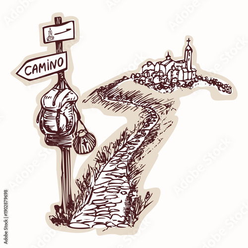 Pilgrim follow the road hand drawn camino motif. Black and white church sanctuary icon for religious travel. Pilgrim Shell for st James way Santiago de Compostela. European travel retreat illustration
