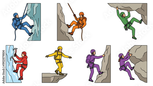 Dynamic Climbing Adventures: Vector Set of Rock Climbers, Ice Climbers & Mountaineers in Action