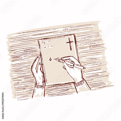 Hand drawn hand holding pen writing notes in bible study journal or sermon paper. Isolated flat editable vector top view sticker. Black and whitemotif for church, sunday school worship prayer request