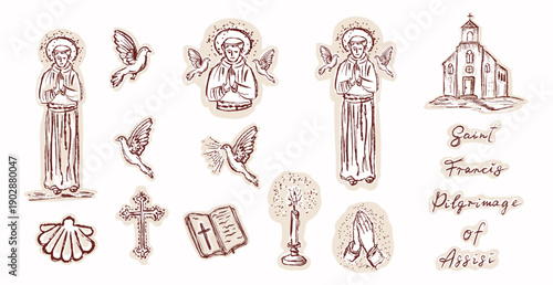 Hand drawn saint Francis of Assisi icon illustration set. Isolated vector motif ofpatron saint of animals with birds for catholc pilgrimage elements. Black and white church, lettering franciscan 