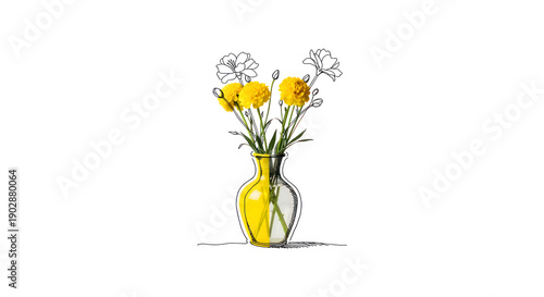 Vibrant yellow marigolds in a creative hand-drawn sketch vase
