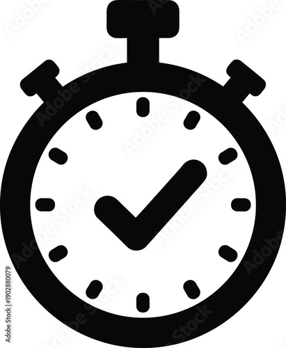 Stopwatch checkmark silhouette icon, time management artwork, deadline completion design, productivity approval symbol, task success tribute, efficiency tool graphic, flat vector illustration