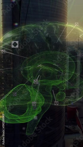 Vertical video: Sun urging neon-green brain rising on glass rotating and revealing brainstem nodes