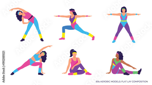 80s Aerobics Workout Poses Set. Retro women in vibrant fitness attire performing various exercises. Vintage style illustration.
