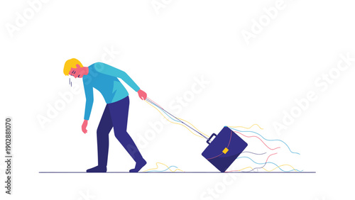 Overwhelmed professional dragging heavy work briefcase, depicting burnout and stress