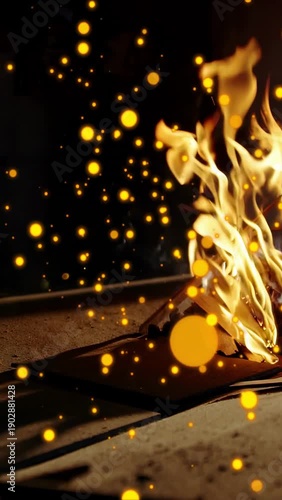 Vertical video: Spark hitting right edge igniting cardboard, flames rising, smoke for visual study