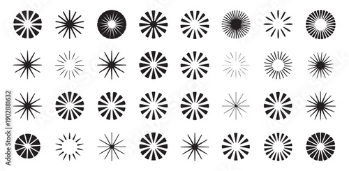 Radiating sunburst shapes and starburst patterns isolated on white background set