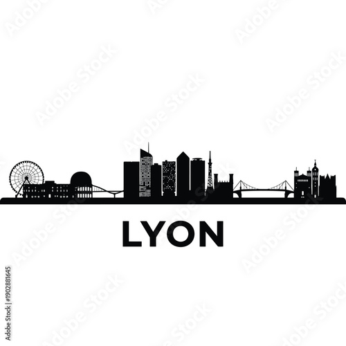 Lyon skyline silhouette with text overlay on a white background
