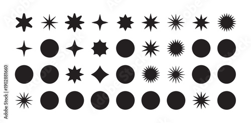 Assortment of starbursts, four point stars and solid circles on white background