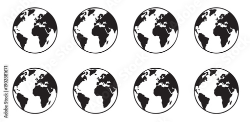 Global world map icon collection representing international business and environmental concepts