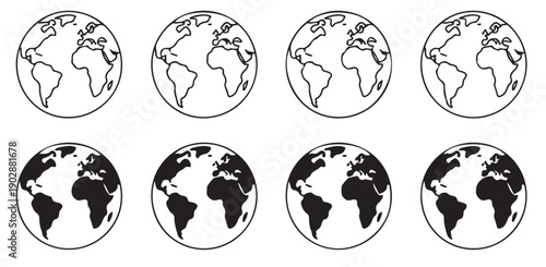 Earth globe outline and solid icons set showing world map continents for educational projects