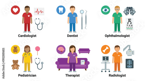 Medical Professions Flat Icons Set: Healthcare Specialties with Associated Tools and Symbols