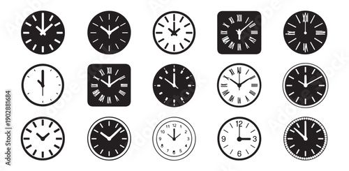 Set of black and white clock icons showing various times and styles on white background