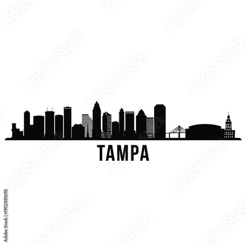 Black silhouette of tampa skyline with city name prominently displayed below