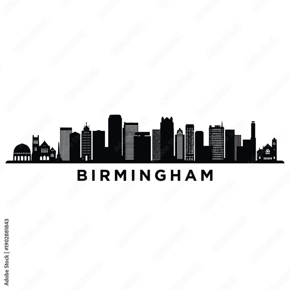 Fototapeta premium Birmingham skyline silhouette with city name displayed below the buildings