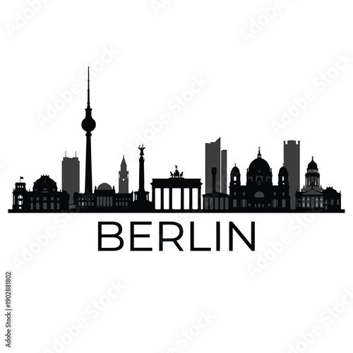 Berlin skyline silhouette with prominent landmarks and city name below