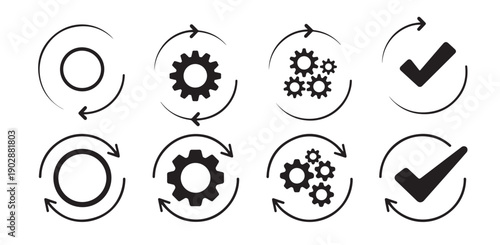 Set of eight circular arrow icons with gears and checkmarks for workflow