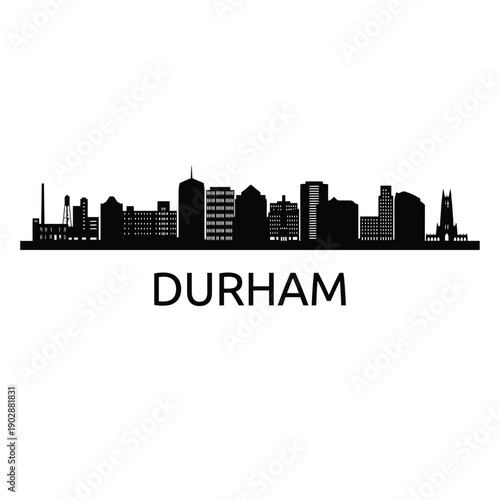 Durham cityscape silhouette with textual label against a white background