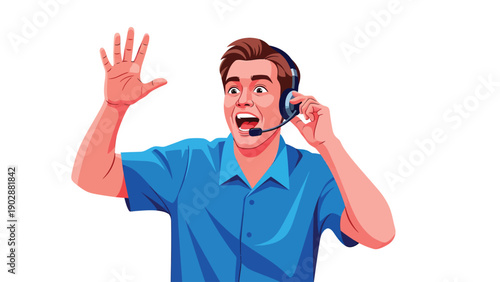 Energetic Man in Headset Waving & Talking - Customer Service, Support, or Announcer Illustration