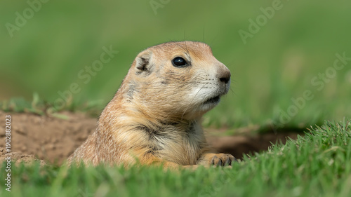 Curious prairie dog emerging from burrow in lush green field