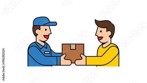 Smiling delivery person hands cardboard box to a happy customer.