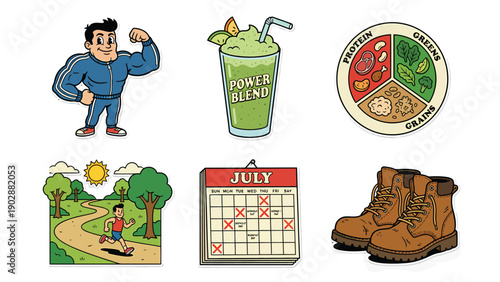 Healthy Lifestyle & Fitness Cartoon Icons Set: Nutrition, Exercise, Outdoor Activities, Wellness Planning