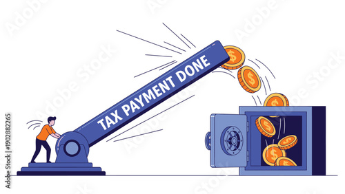 Tax Payment Done: Financial Reward & Savings. Man pushes lever, coins enter safe.