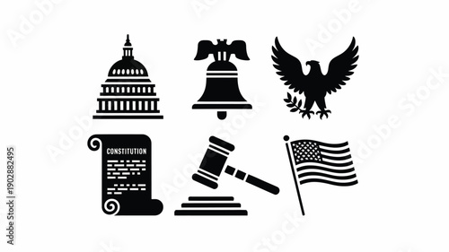 Collection of iconic american symbols and government buildings including the capitol building liberty bell bald eagle constitution scroll gavel and us flag representing law justice freedom