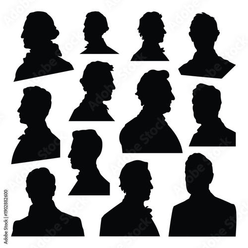 Collection of twelve distinct historical silhouette portraits of distinguished men in profile showcasing diverse hairstyles and attire representing leadership heritage and intellectualism