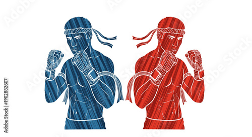 Two stylized muay thai fighters one blue and one red in aggressive combat stance with headbands and hand wraps depicted with textured stripes