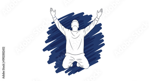 Man kneeling with arms raised in triumph or prayer a symbol of victory success or spiritual devotion against a dynamic blue brushstroke background