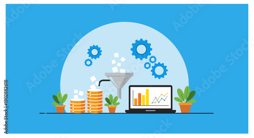 Data processing and financial analysis concept with gears funnel coins and laptop displaying charts representing business growth and analytics