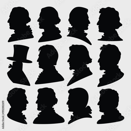 Collection of twelve diverse historical figure silhouettes in profile featuring various hairstyles facial hair and headwear presented against a neutral gray background for versatile design