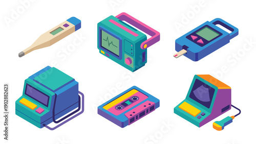 Isometric Medical Diagnostic Equipment & Retro Audio Cassette Icons Set