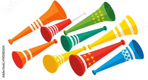 Collection of vibrant multi colored party horns and noisemakers scattered across a clean white background symbolizing celebration excitement and festive