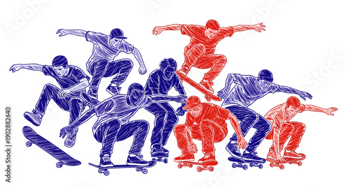 Dynamic illustration of diverse skateboarders performing aerial tricks and stunts with energetic motion capturing the thrill of extreme sports and urban