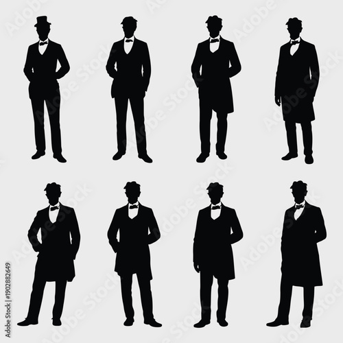Collection of eight distinct black silhouettes of abraham lincoln figures wearing formal attire including top hats bow ties and long coats posed dynamically against a clean light grey