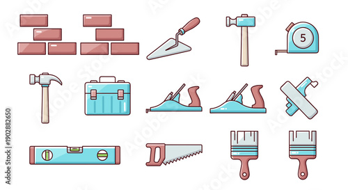 Collection of colorful cartoon construction and diy tools including bricks trowel hammer tape measure toolbox planes saw brushes and level