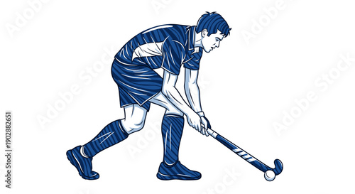 Dynamic illustration of a male field hockey player in blue uniform intensely focused on dribbling the ball with his stick captured in a low angle