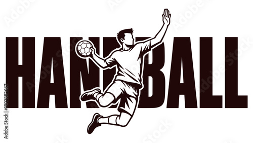 Dynamic handball player leaping to score goal with intense focus capturing athleticism and team sport energy in a bold graphic style with stylized text