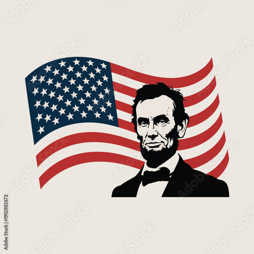 Iconic american president abraham lincoln portrait silhouette against a waving us flag backdrop representing patriotism freedom and american history with bold graphic style and stark