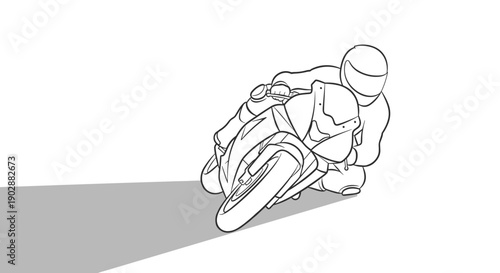 Dynamic motorcycle racer leaning into a sharp turn captured in a bold minimalist line art sketch with a dramatic shadow conveying speed and intense