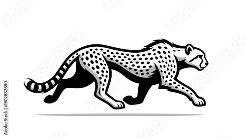 Stylized black and white line art illustration of a cheetah in full stride showcasing its speed and agility with dynamic motion lines and a clean