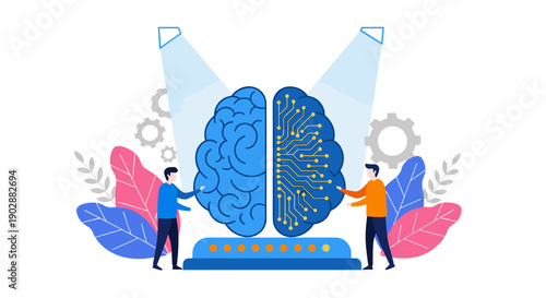 Ai concept illustration of a split brain one side organic the other digital circuitry with two people interacting and spotlights illuminating