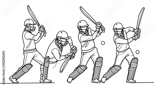 Sequence of a cricket batsman's swing motion depicting a full range of player movement from preparation to follow through presented in a clean stylized