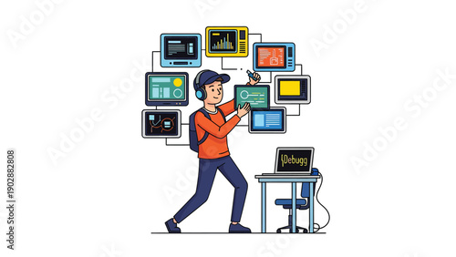 Programmer debugging code across multiple screens. Software development, IT support, and multitasking concept.