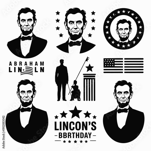 Collection of abraham lincoln silhouette icons and symbols representing american history presidential legacy and national pride perfect for educational materials historical tributes